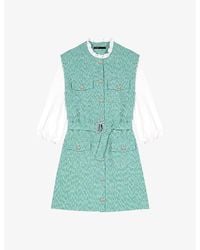 Maje - Contrast-sleeve Belted-waist Tweed Cotton Mini Dress - Lyst