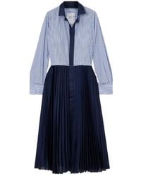 Sacai - Striped Cotton-Poplin And Pleated Satin Midi Dress - Lyst