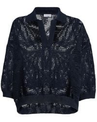 Brunello Cucinelli - Open-Knit Sequined Polo Knitted Top - Lyst