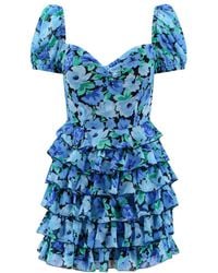 ROTATE BIRGER CHRISTENSEN - Floral-Printed Puff Sleeved Ruffled Mini Dress - Lyst