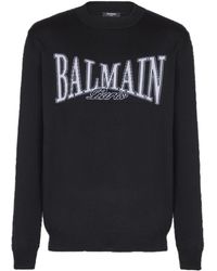 Balmain - Wool College Jacquard Knit Crewneck Sweater - Lyst