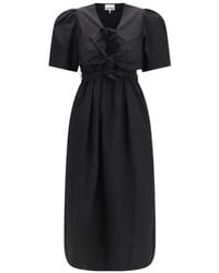 Ganni - Midi Dress With Bows And Puff Shoulders - Lyst