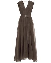 Brunello Cucinelli - Crispy Silk Belted Dress With Pleated Detail And Precious Strap - Lyst