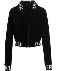 Versace - Logo Intarsia Cropped Velvet Sweatshirt - Lyst