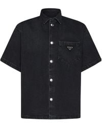 Prada - Logo Plaque Short Sleeved Denim Shirt - Lyst