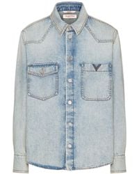 Valentino - Logo Plaque Long-Sleeved Denim Shirt - Lyst