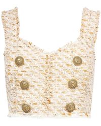 Balmain - Button-Embellished Tweed Cropped Top - Lyst