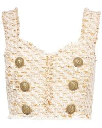 Balmain - Button-Embellished Tweed Cropped Top - Lyst
