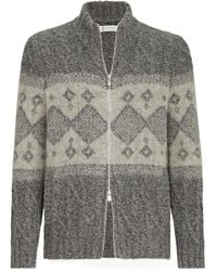 Brunello Cucinelli - Virgin Wool, Silk And Cashmere Chiné Cable Knit Cardigan With Intarsia - Lyst