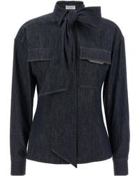 Brunello Cucinelli - Scarf Detailed Long Sleeved Denim Shirt - Lyst