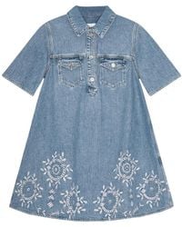 Ganni - Broderie Anglaise Denim Mini Dress - Lyst