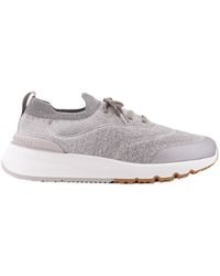 Brunello Cucinelli - Logo Embossed Knitted Lace-Up Sneakers - Lyst