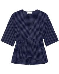 Ganni - Checkered Seersucker V-Neck Peplum Blouse - Lyst