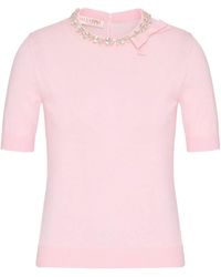 Valentino - Embellished Fine-Knit Crewneck T-Shirt - Lyst