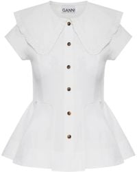 Ganni - Short Cotton Shirt With Ruffles - Lyst