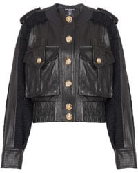 Balmain - Tweed-Trim Leather Jacket - Lyst
