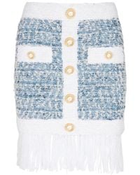 Balmain - Buttoned Denim Fringed Tweed Mini Skirt - Lyst
