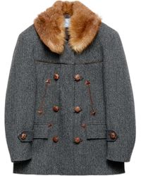 Prada - Herringbone Shearling-Collar Double-Breasted Coat - Lyst