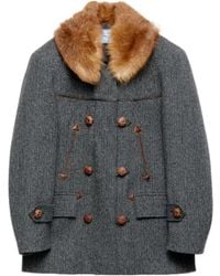 Prada - Herringbone Shearling-Collar Double-Breasted Coat - Lyst