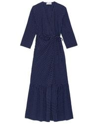 Ganni - Checkered Seersucker Gathered Midi Wrap Dress - Lyst