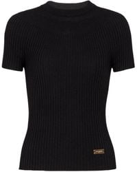 Balmain - Logo Plaque Short-Sleeved Ribbed Knit Top - Lyst