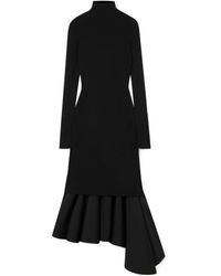 Bottega Veneta - Asymmetric Satin-Trimmed Ribbed-Knit Turtleneck Midi Dress - Lyst