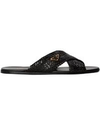 Prada - Straw Woven Flat Sandals - Lyst