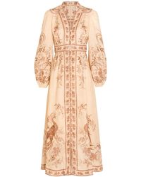 Zimmermann - Printed Plunge Linen Midi Dress - Lyst