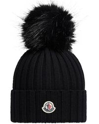 Moncler - Wool Beanie With Faux Fur Pom Pom - Lyst