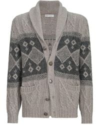 Brunello Cucinelli - Virgin-Wool, Silk And Cashmere Chiné Cable-Knit Cardigan With Intarsia - Lyst