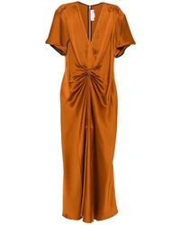 Victoria Beckham - Gathered V Neck Midi Dress Clothing - Lyst