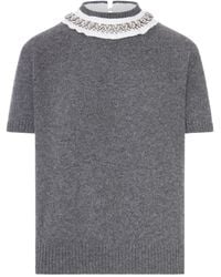 Prada - Embellished Collar Short-Sleeved Knitted Jumper - Lyst