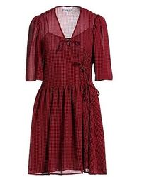 Ganni - Plaid Short-Sleeve Waist Wrap Dress - Lyst