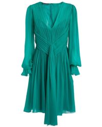 Alberta Ferretti - Silk Chiffon Gathered Deep V-Neck Long-Sleeve Mini Dress - Lyst