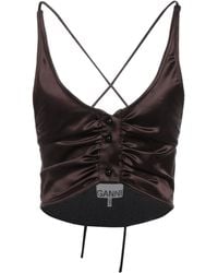 Ganni - Solid Sleeveless Satin Crop Top - Lyst