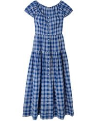 dôen mallory shirred gingham organic cotton midi dress Doen Mallory Gingham Check Dress in Gray