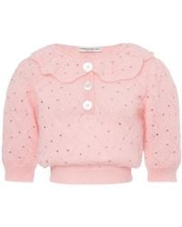 Alessandra Rich - Embellished Short Puff Sleeved Knitted Top - Lyst