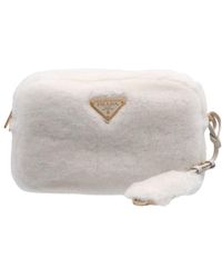 Prada - Logo Plaque Shearling Zipped Shoulder Bag - Lyst