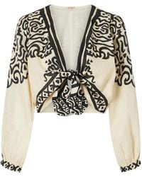Johanna Ortiz - Markings Tie-Detailed Printed Linen Cropped Top - Lyst