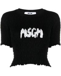MSGM - Logo-Printed Smocked Cropped Top - Lyst