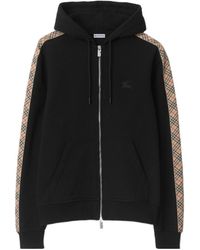 Burberry - Check Trim Zip-Up Drawstring Hoodie - Lyst