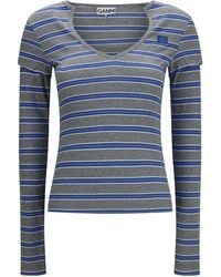 Ganni - Ribbed Stripe V-Neck Knitted Top - Lyst