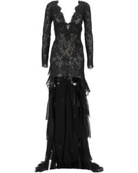 Saint Laurent - Ruffled V-Neck Laced Dress - Lyst