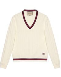 Gucci - Cotton Knit V-Neck Sweater With Web - Lyst