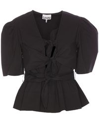 Ganni - Bow Detailed Puff-Sleeved Blouse - Lyst