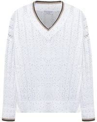 Brunello Cucinelli - Openwork Knitted V-Neck Jumper - Lyst
