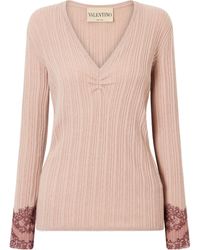 Valentino - Lace-Trimmed Ribbed Cashmere Sweater - Lyst