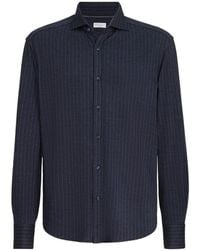 Brunello Cucinelli - Virgin Wool, Silk And Cotton Chalk Stripe Piqué Shirt With Spead Collar - Lyst