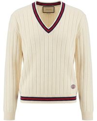 Gucci - Cotton Knit V-Neck Sweater With Web - Lyst