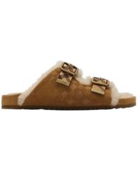 Burberry - Check Shearling Urchin Sandals - Lyst
